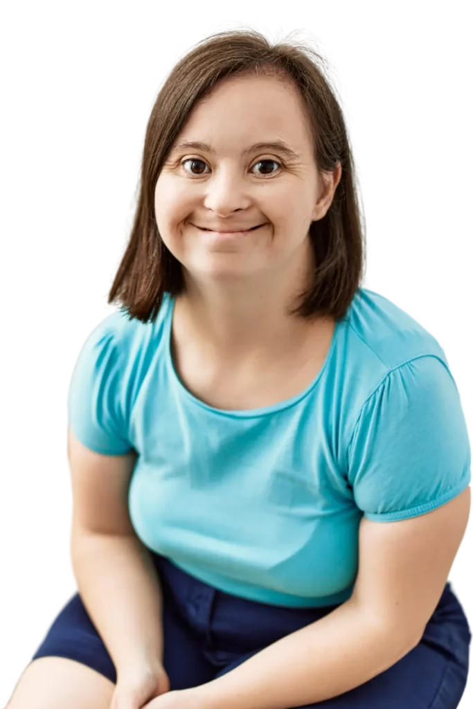 Happy disabled woman with down syndrome smiling at camera